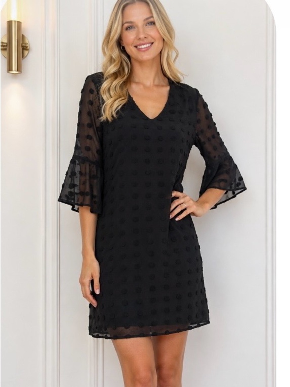 Black Textured Polka Dot Fully Lines‎ Dress M